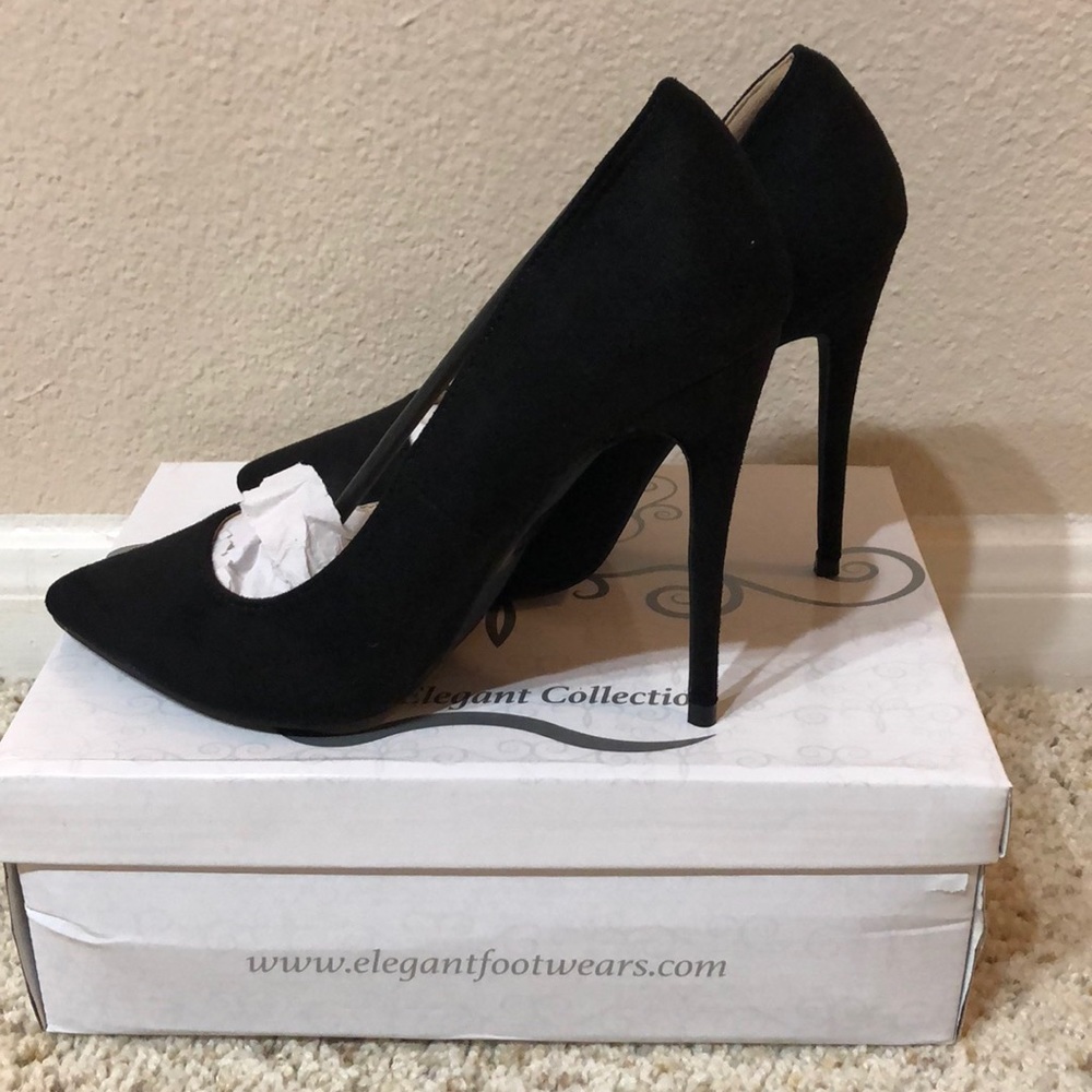 Black suede pumps.